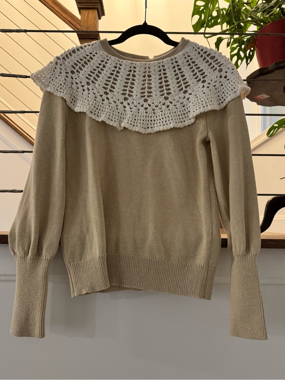 Tuckernuck Beige Sweater with White Crochet Collar - Women's Sweater xs